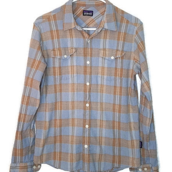 Patagonia Tops - Patagonia blue tan striped organic cotton shirt